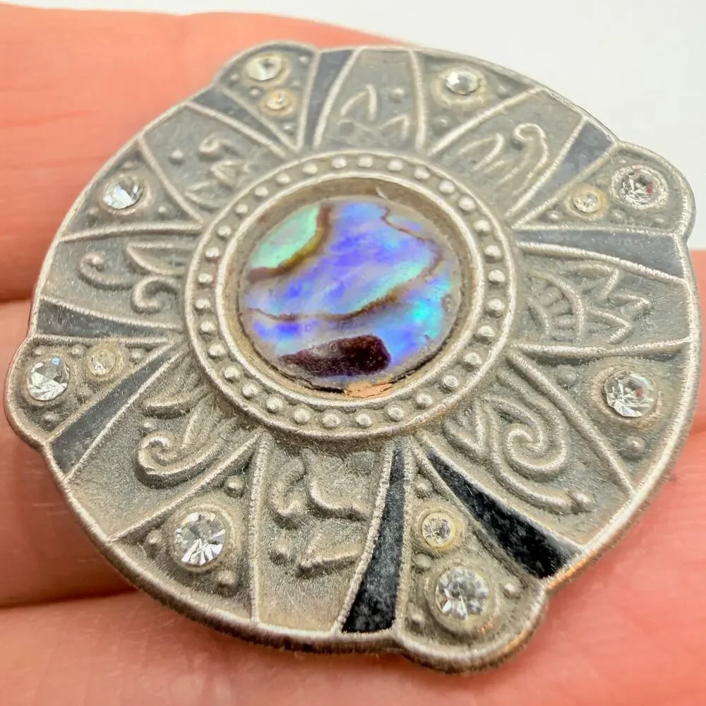 Vintage Signed Aztec Sun Pin Brooch Abalone Shell Rhinestone Silver Tone